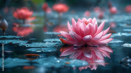 symbolic lotus flower, pink lotus blossom in tranquil pond represents purity and enlightenment, important symbols in asian traditions