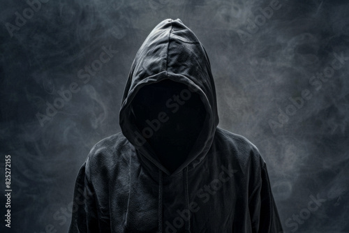 a Caucasian person wearing a hoodie, with the hood concealing their face, presenting an anonymous and mysterious figure.