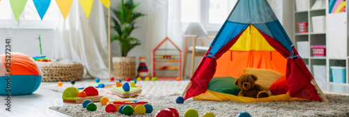 a cheerful Latino children's playroom with a tent and toys. Bright and colorful area for children's activities
