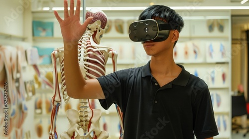 With a sense of wonder and excitement, an Asian student harnesses the power of VR technology to explore human body path simulations, donning VR glasses to engage