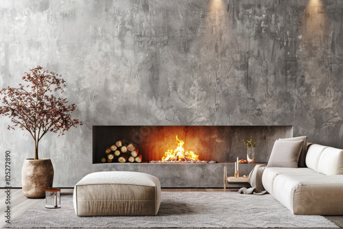 a contemporary living room featuring an inviting fireplace as the focal point, harmonized with minimalist decor elements, evoking a sense of modern sophistication and warmth.