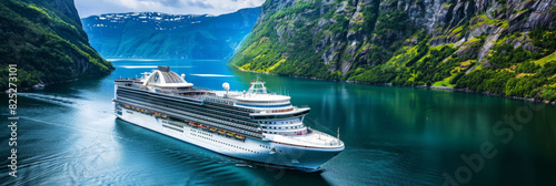 a cruise ship highlighting the elegance of the vessel against the stunning natural beauty around it. Majestic ship and picturesque scenery