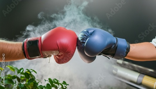 Closeup two man hands in red and blue boxing gloves hitting each other on isolated dark misty background