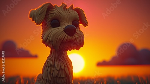  A dog figurine in the grass as the sun sets; background features a red sky with clouds and a setting sun