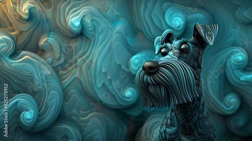 Schnauzer dog in front of swirling background Black dog head in foreground