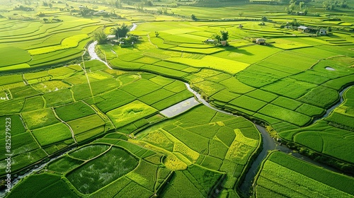 Green view of rice field and swith waterways on the middle . Generative Ai