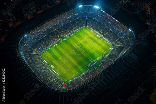 Aerial view of vibrant soccer stadium at night