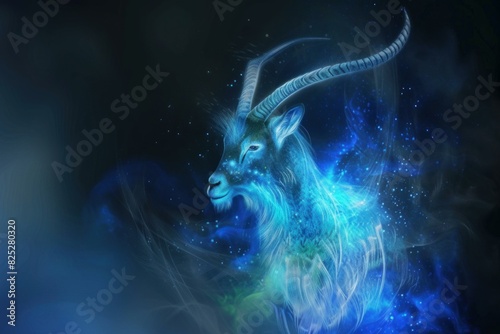 Digital art of a capricorn goat with a cosmic, starry effect on a dark background