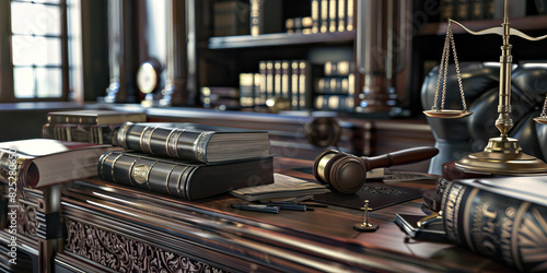 Lawyer's Chambers: A traditional desk adorned with legal tomes, a gavel, and a scale of justice, evoking a lawyer's office in a court setting.