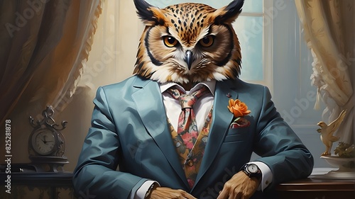 An attractive and sophisticated high fashion painting of an anthropomorphic animal, sitting with a charming human attitude, features an owl wearing a patterned suit with a tie. The animal exudes confi