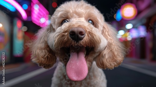  A close-up of a dog with its tongue firmly extended from one side of its mouth