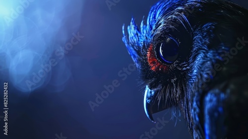  A detailed shot of a bird with blue-red hue, perched against a dark backdrop Smoke escapes its eyes Behind it, a faint, blurry light glows