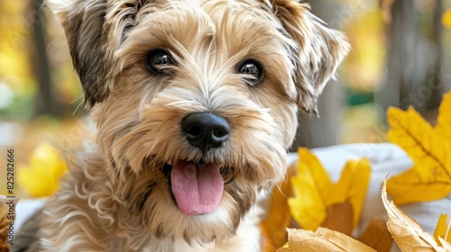 trees and leaves bearing yellow autumn hues, dog with tongue out