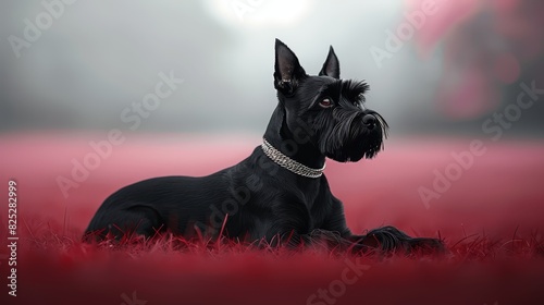 A black dog sits in the grass, its chain and collar contrasting against the green Sunlight bathes the scene from behind