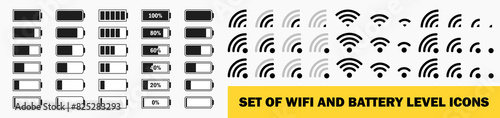 Set of status mobile bar icon. Wifi signal level. Battery charge sign, mobile network and wireless antenna status internet indicator. Vector illustration.