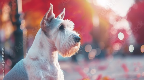  A tight shot of a dog gazing into the distance, surrounded by a foreground of blurred trees and flowers Background consists of indistinct trees and flowers as well