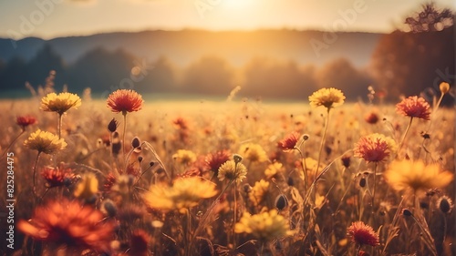 meadow flowers in a bright, early morning; vintage autumnal scenery; vibrant, lovely fall foliage; stunning natural field background with sun flare