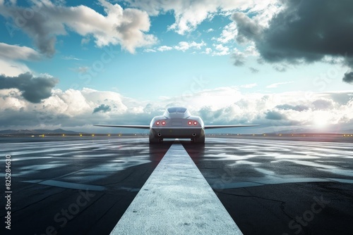 Luxury sports car poised on an airport runway against a dramatic sunset sky
