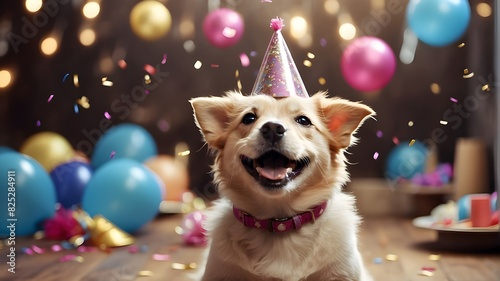 Happy cute dog wearing a party hat celebrating at a birthday party, surrounding by falling confetti,