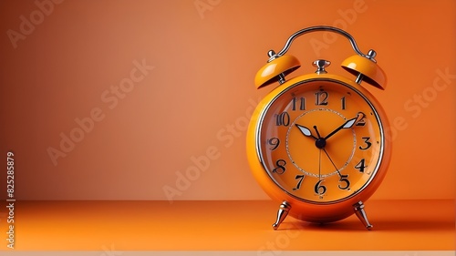 Retro alarm orange clock on orange background, copy space