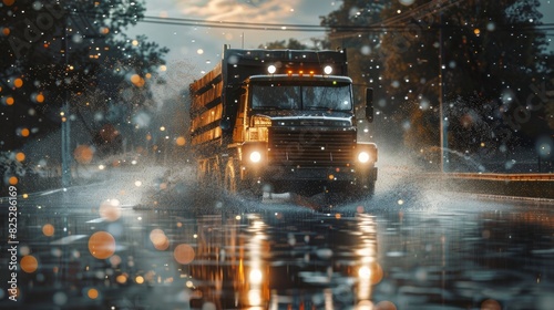 A truck driving through rain, causing splashes on a wet road.