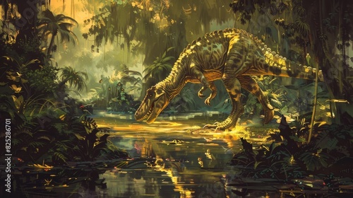 Allosaurus Hunting in a Luminescent Jungle: A Prehistoric Drama of Power and Survival