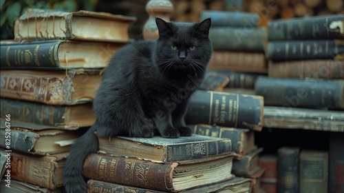 superstitions and symbols, a dark cat sits on a pile of books, symbolizing mystical beliefs about fate and fortune