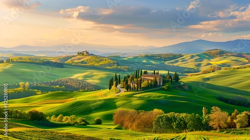 Beautiful rolling hills and lush green fields. Serene countryside landscape at sunset. Ideal for nature and travel concepts. Tuscany inspired scenery. AI