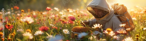 A beekeeper hiding in a flower field, tending to their hives, Nature, Realistic, Warm and vibrant hues