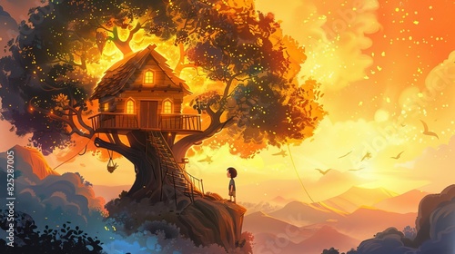 A boy discovering a secret treehouse with mystical powers, adventure, illustration, warm colors