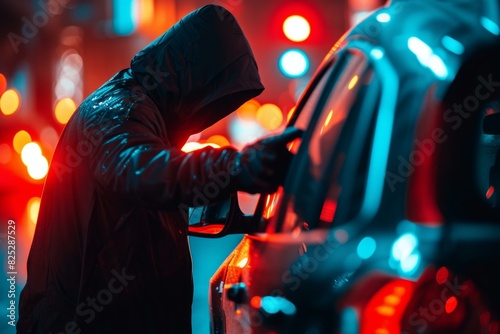 Silhouette of a hooded car thief using a tool to break into a car under city lights