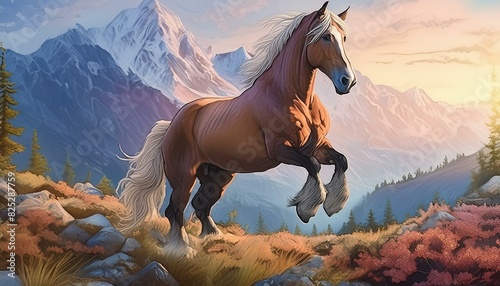 A brown horse in the mountains 
