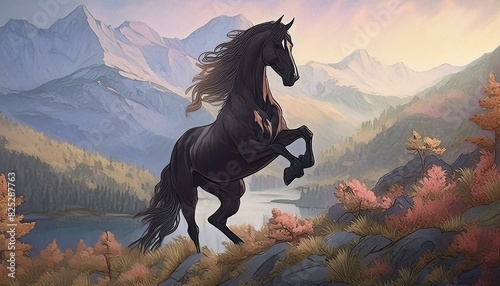  A black stallion in the mountains 