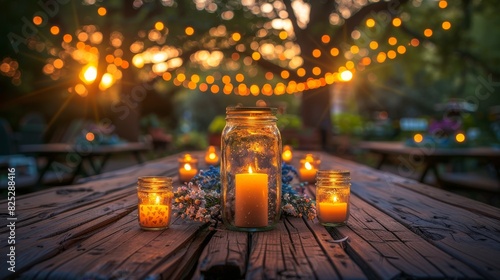 outdoor lighting idea, mason jar tea light candles adding a cozy and romantic touch to the garden party decorwith their gentle glow