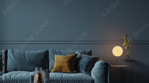 A cozy home scene with a couch, pillows, and a glowing lamp on a table against a gray wall.