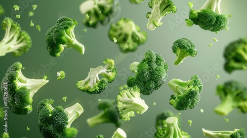 Broccoli pieces and anise stars floating in mid-air on a green background.