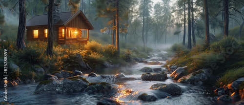 A cozy cabin nestled beside a babbling brook