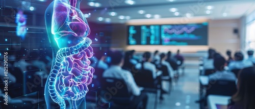 3D holographic model of human intestines in a biology lecture selective focus, education theme, whimsical, manipulation, lecture hall as backdrop