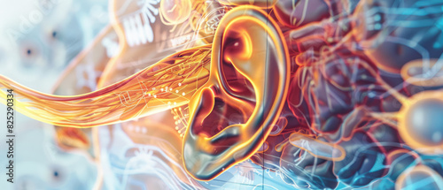 Diagram of the auditory pathway highlighting the ear anatomy close up, anatomical theme, realistic, double exposure, medical textbook as backdrop