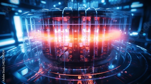 Nuclear reactor core, close up, focus on control rods, with intense and glowing colors, Double exposure silhouette with atomic structures