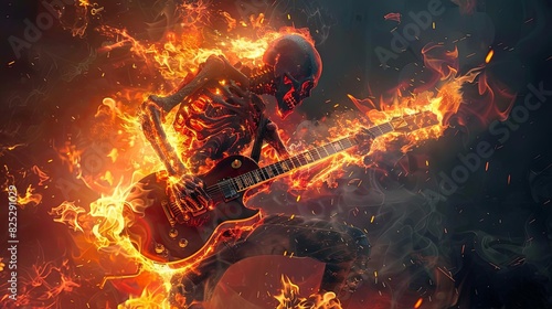 flaming skeleton rockstar shredding electric guitar on stage heavy metal album cover