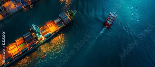 Top view of cargo ship docked in the harbor at night