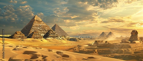 The image shows the Giza pyramid complex in Egypt. The image shows the three pyramids, the Sphinx, and the surrounding desert.