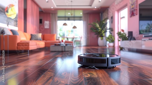 Robotic vacuum cleaner on a wooden floor in a smart home.