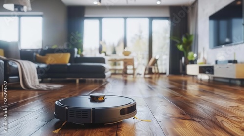 Robotic vacuum cleaner on a wooden floor in a smart home.
