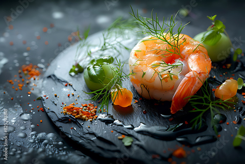 A succulent shrimp garnished with fresh herbs and vibrant garnishes