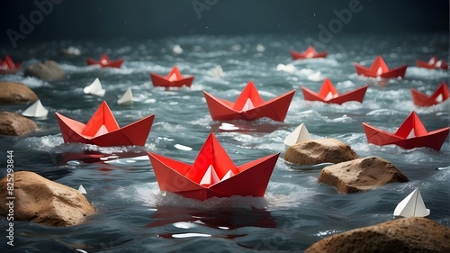 In choppy waters, a red paper boat navigates a group of little white boats around rocks. notion of leadership, Paper boats think differently and go in different directions.