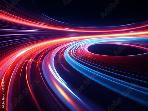 Glowing neon light trails in dynamic wave patterns, ideal for hightech and scifi design elements