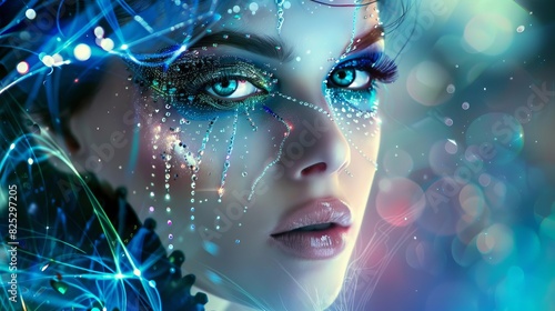futuristic fashion portrait of beautiful young woman with artistic abstract makeup and accessories digital art