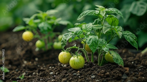 small urban garden with green tomatoes and basil plants showcases sustainable gardening practices